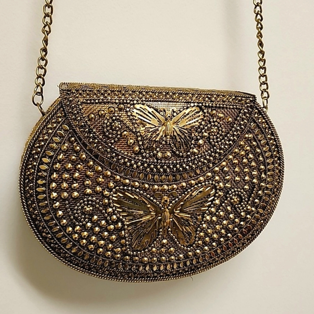Metal Chain Shoulder Bag Hardshell Butterfly Motif